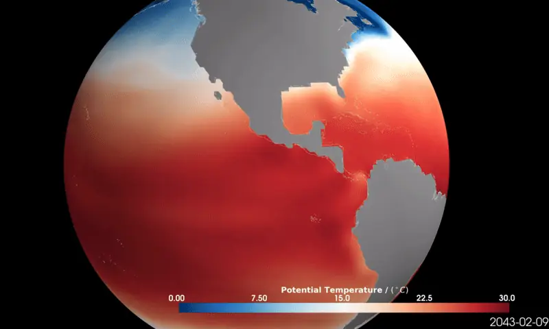 Animated globe showing Samudra's predicted sea surface temperature over time between 2043 and 2046.
